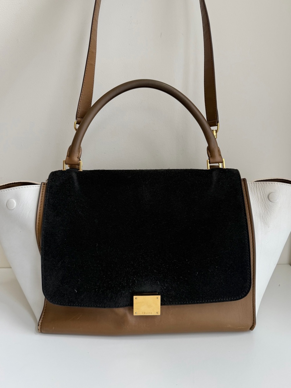 Authentic CELINE Medium Trapeze Tricolor Leather Suede Handbag